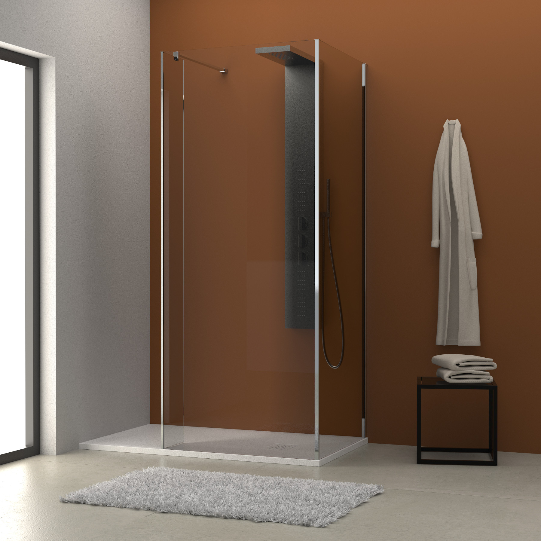 Doccia Walk In angolare HELSINKI 80x70+25 cm  cristallo 8mm con pellicola sicurezza con veletta paraschizzi