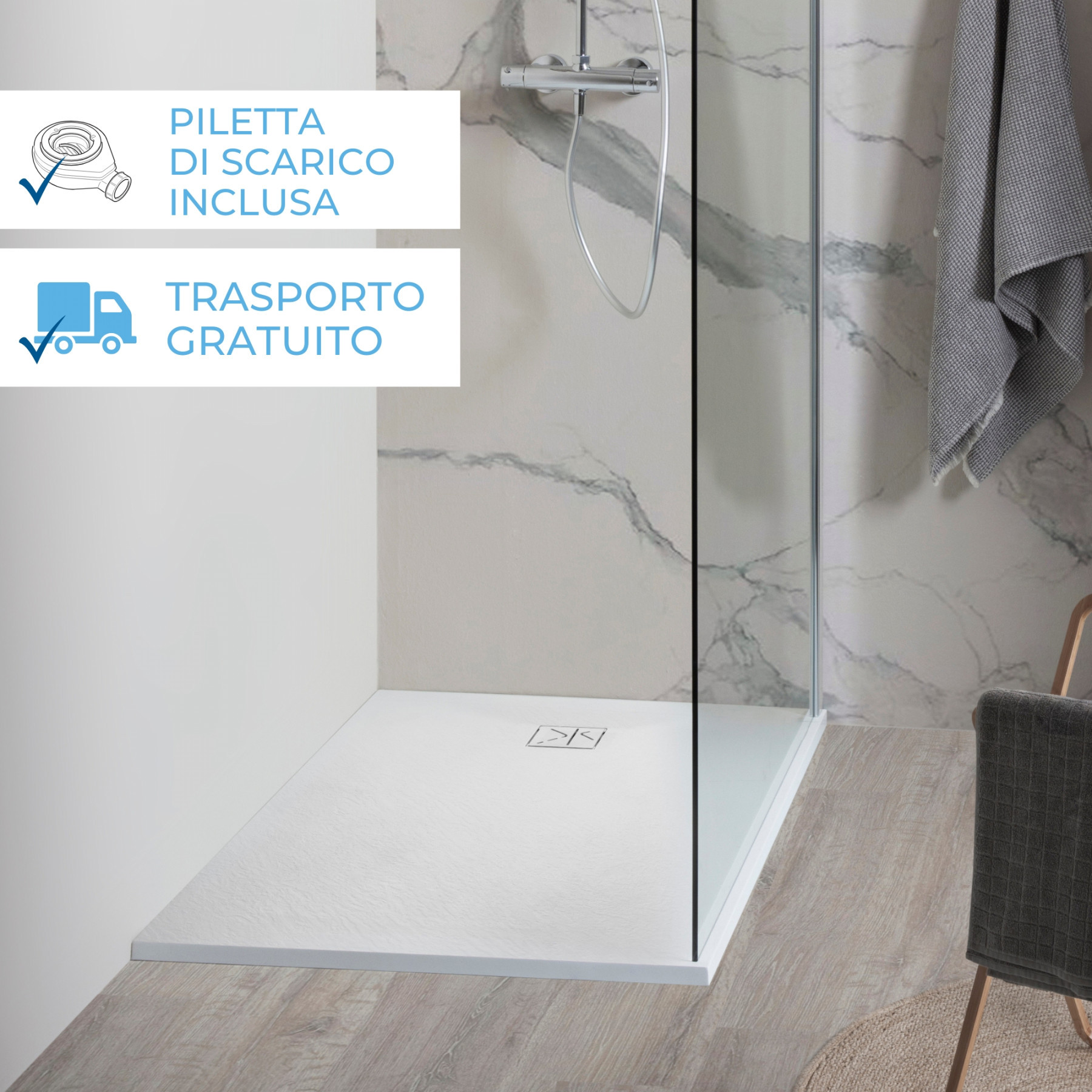 Piatto Doccia VERONA 180x80 cm ultraslim 2,6 cm effetto pietra, con piletta, Bianco Opaco
