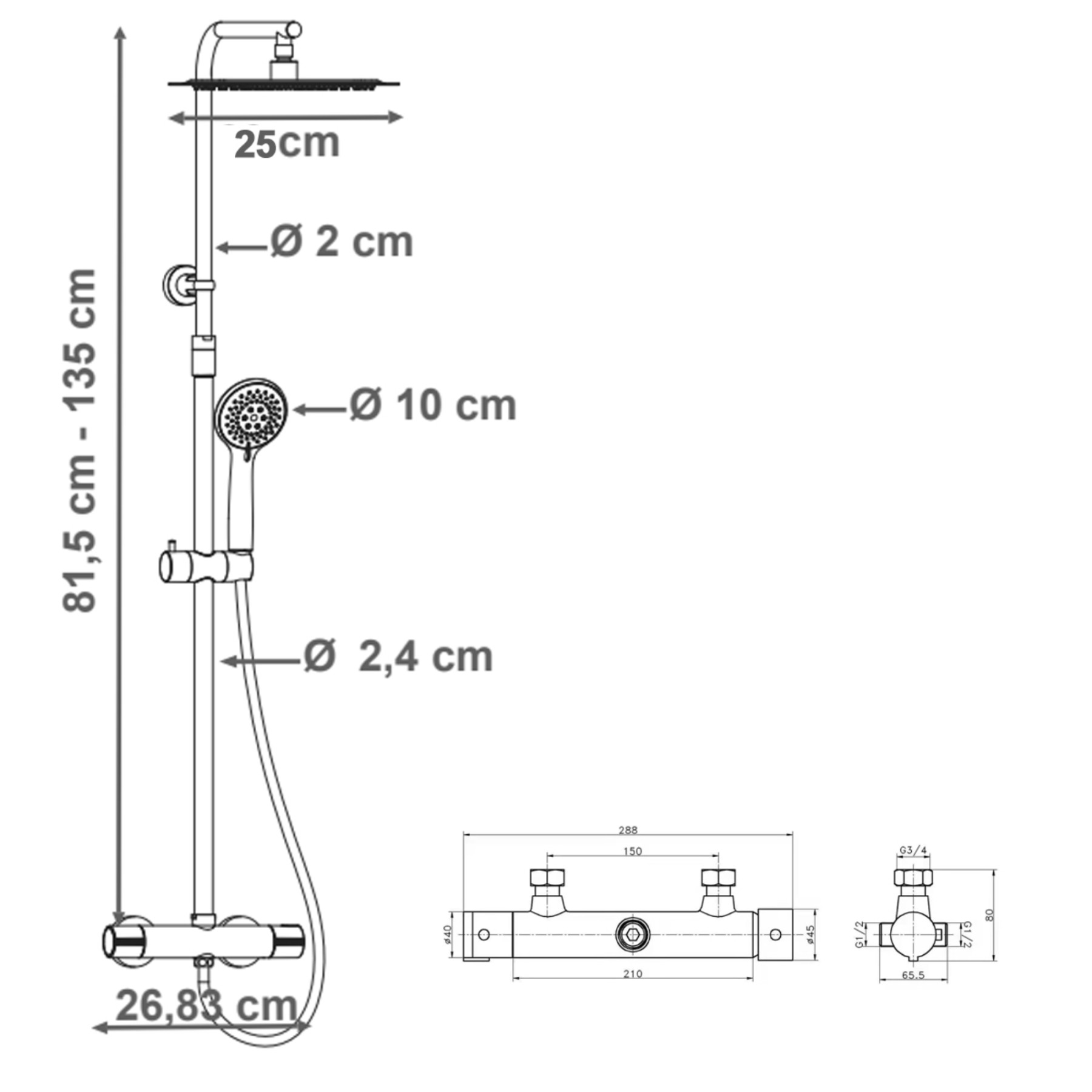 Colonna Doccia Meccanica QUITO altezza regolabile 81-135 cm cromo lucido